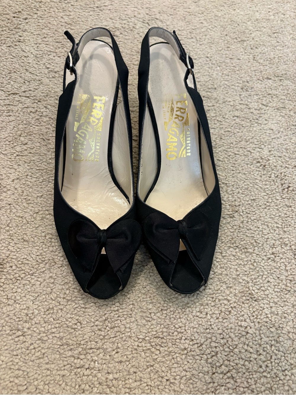 Salvatore Ferragamo Black Peep-Toe Slingback Heels with Bow